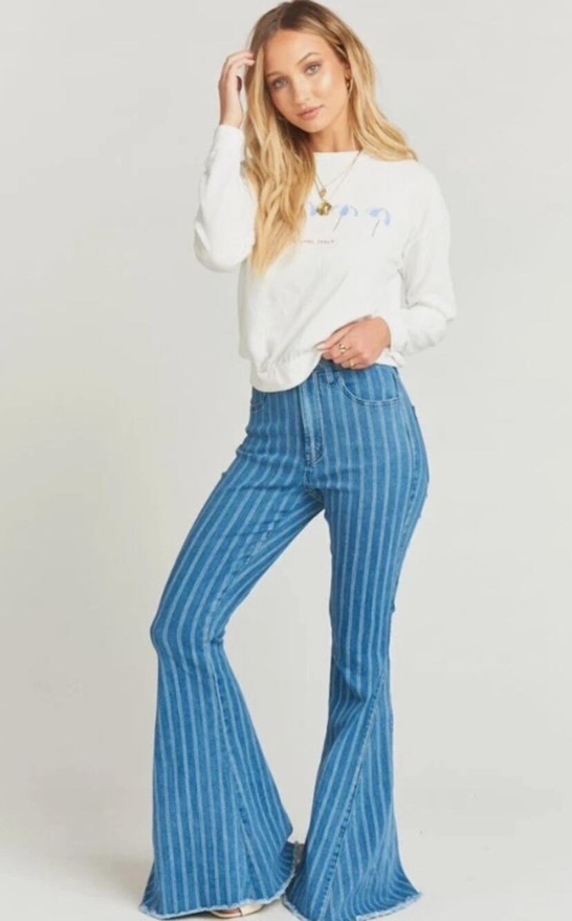 Show Me Your Mumu Berkeley Flared Jeans Denim Fountain Stripe Blue Womens US 27